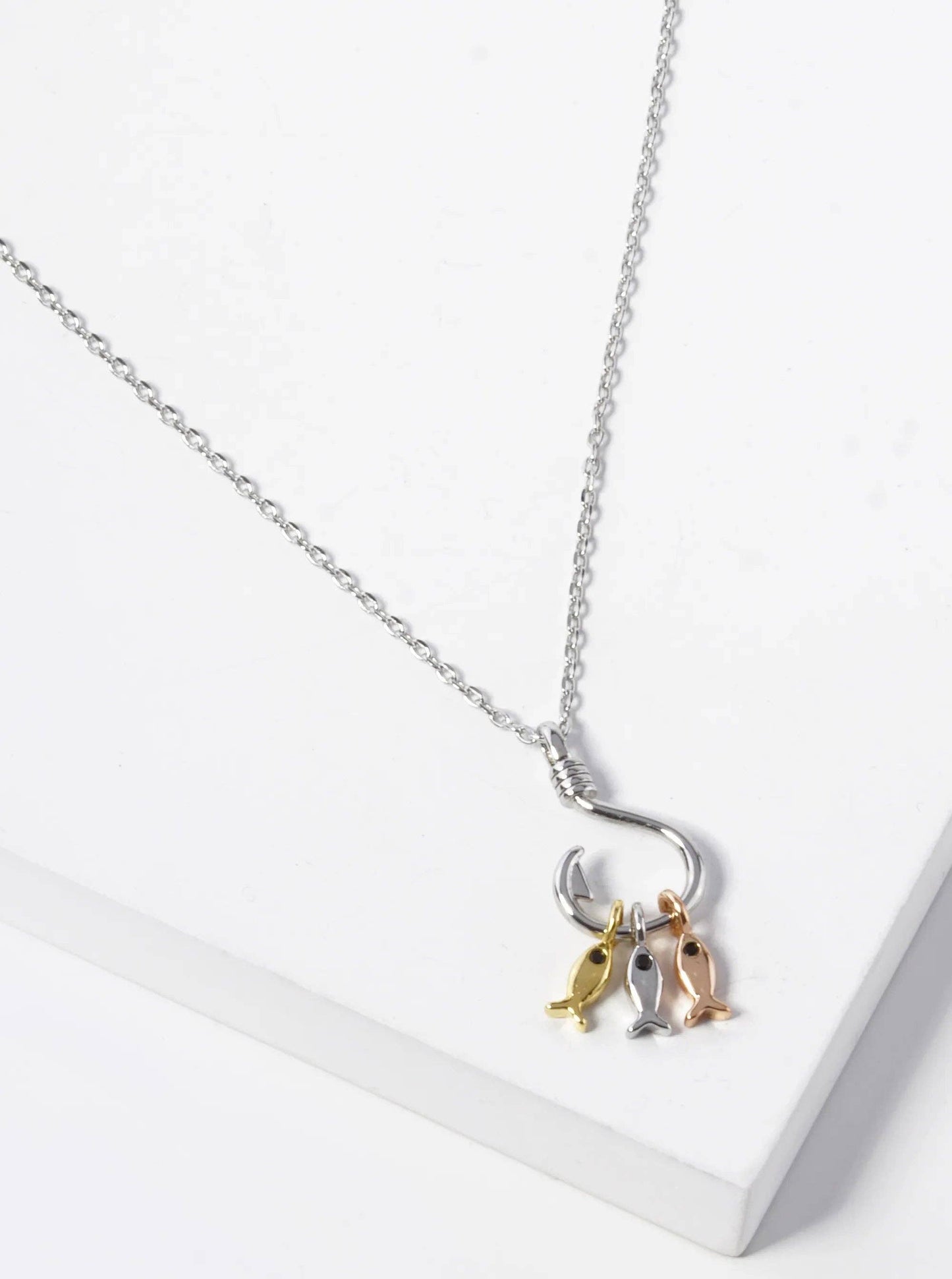 18K Gold Dipped Three Fish With A Hook Pendant Necklace: Rhodium