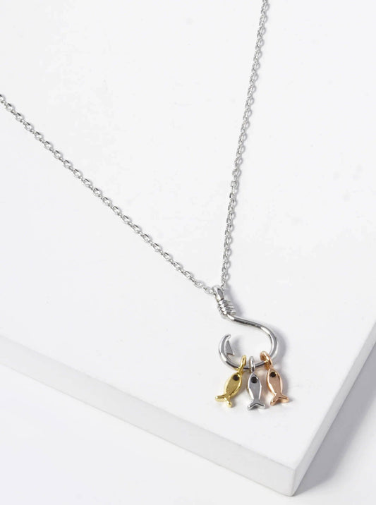 18K Gold Dipped Three Fish With A Hook Pendant Necklace: Rhodium