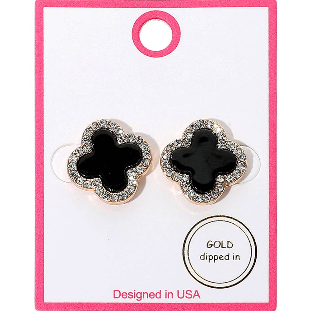 Gold Dipped Rhinestone Rim Quatrefoil Stud Earrings: Gold,Red