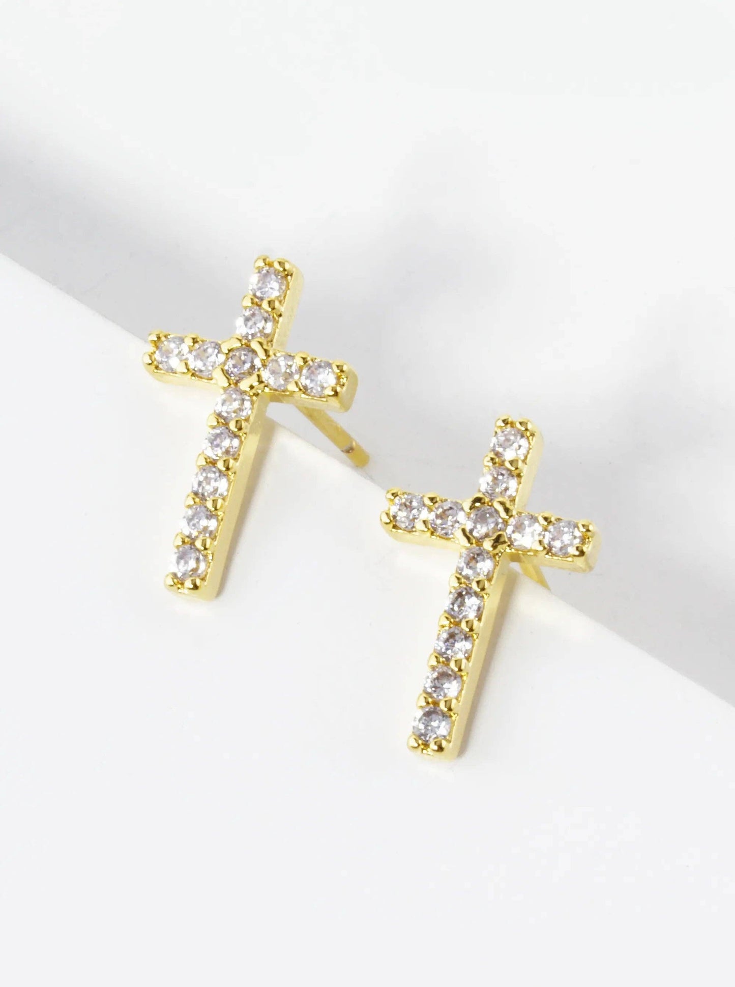 18K Gold Dipped Cubic Zirconia Pave Cross Stud Earrings: Rhodium