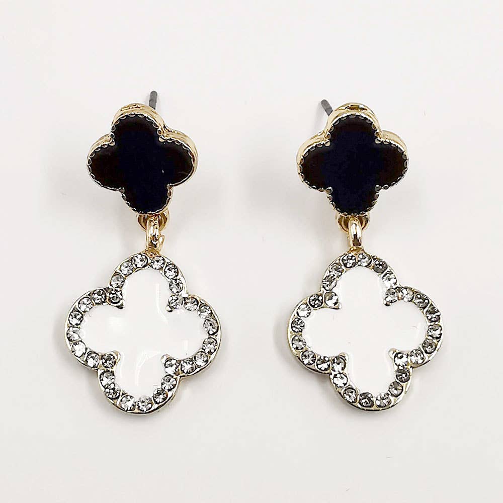 Rhinestone Accented Quatrefoil Drop Earrings: Gold Black Red