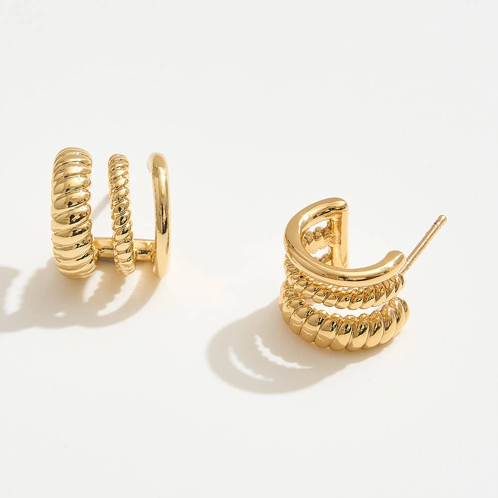 14K Gold Dipped Triple Rope Textured Hoop Earrings: Silver