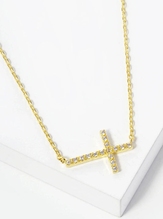 White Gold Dipped Cubic Zirconia Pave Sideways Cross Pendant Necklace: Gold
