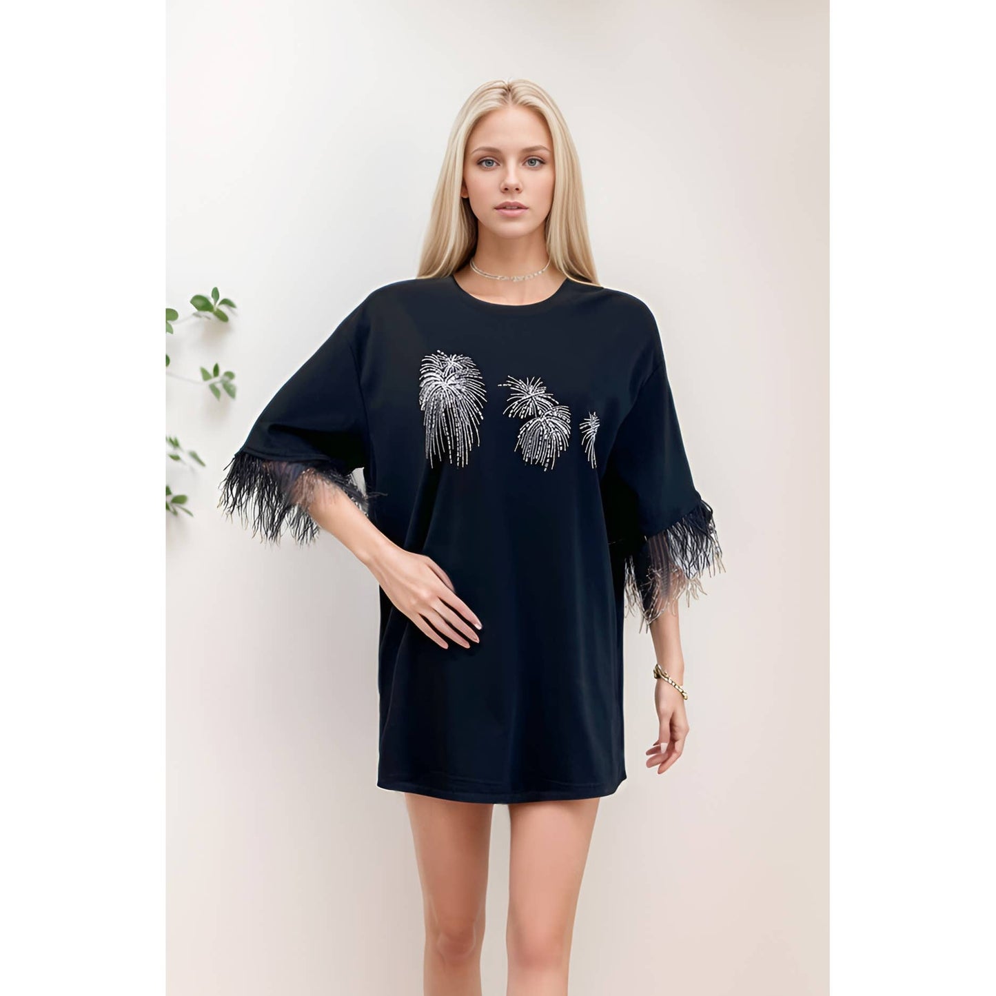 Fireworks Graphic Embellished Tunic Top: BLACK / ONE SIZE