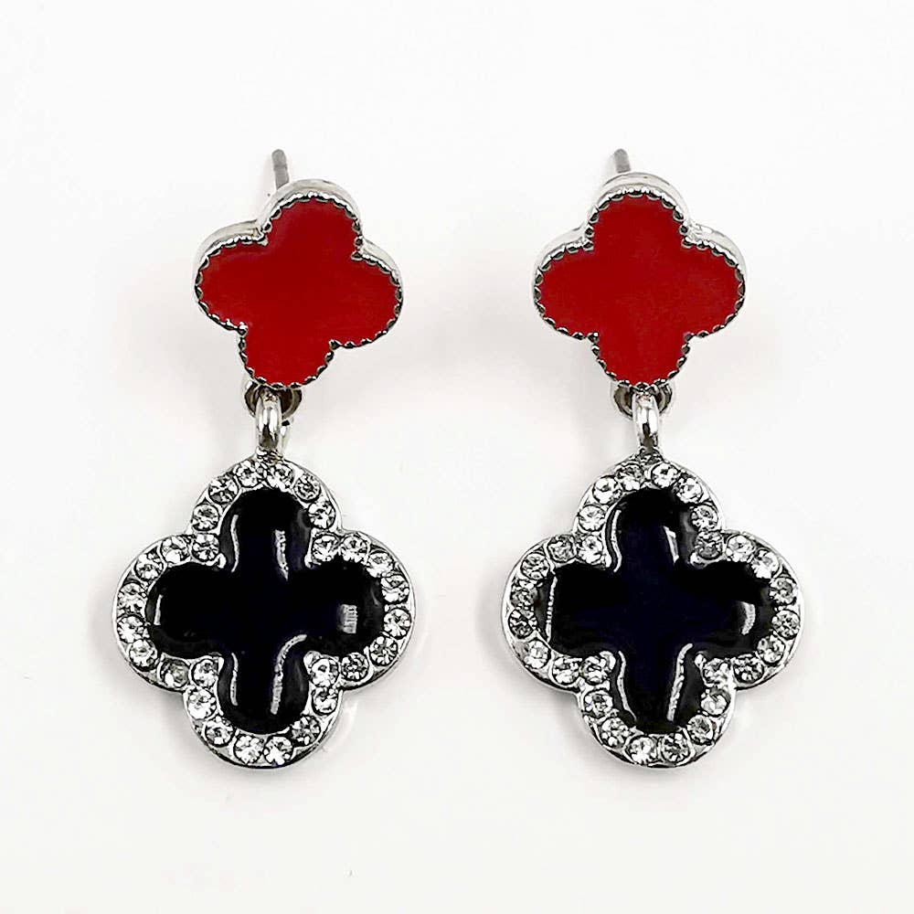 Rhinestone Accented Quatrefoil Drop Earrings: Gold Black Red