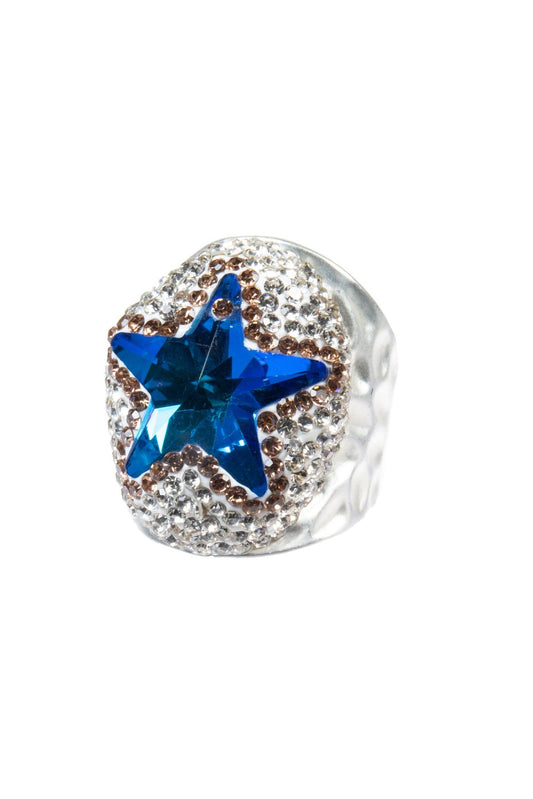 Glass Rhinestone Alloy Rings R2737-Silver: Blue