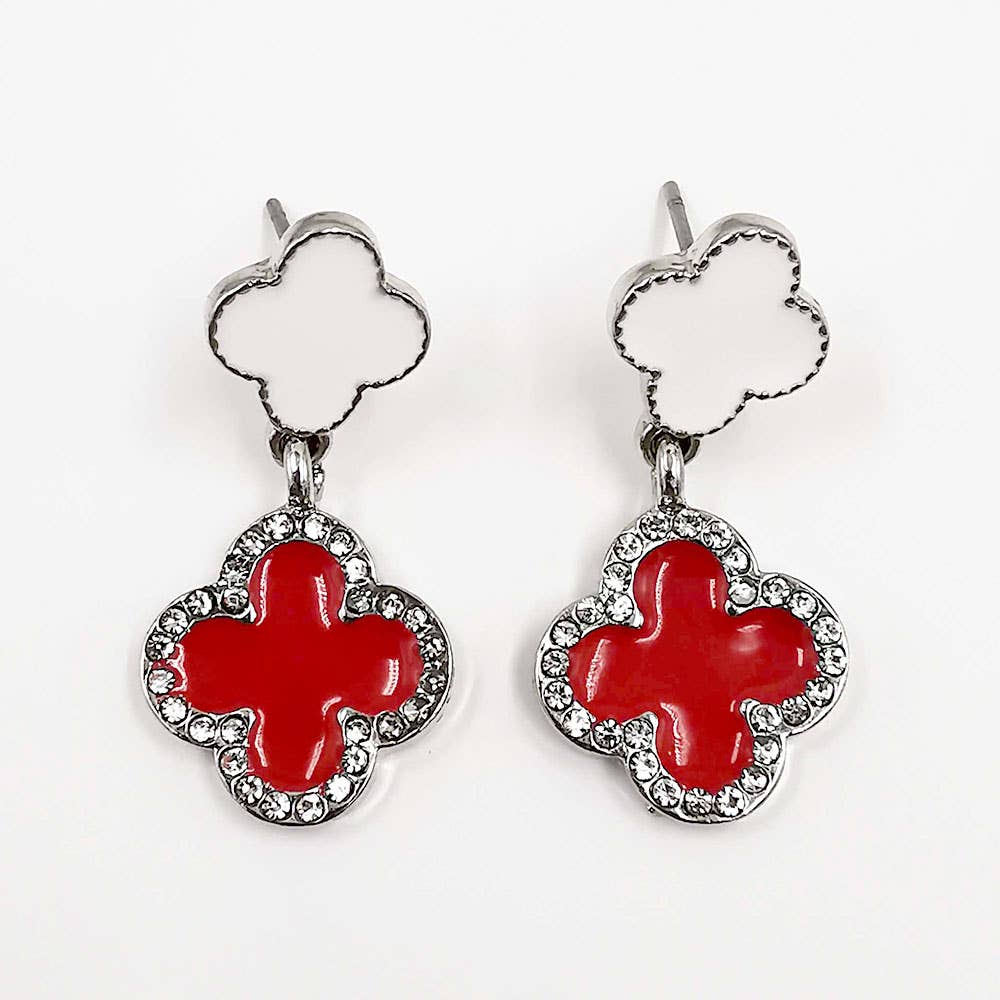Rhinestone Accented Quatrefoil Drop Earrings: Gold Black Red