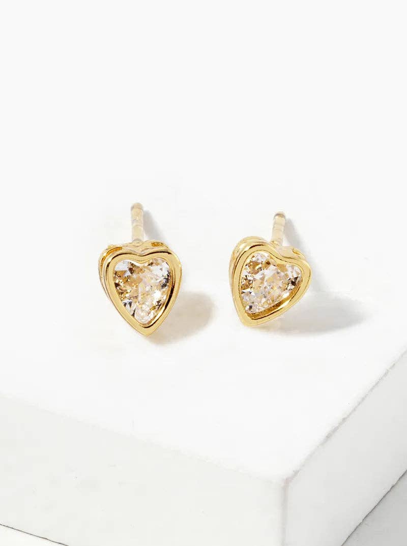White Gold Dipped CZ Heart Stud Earrings: Gold