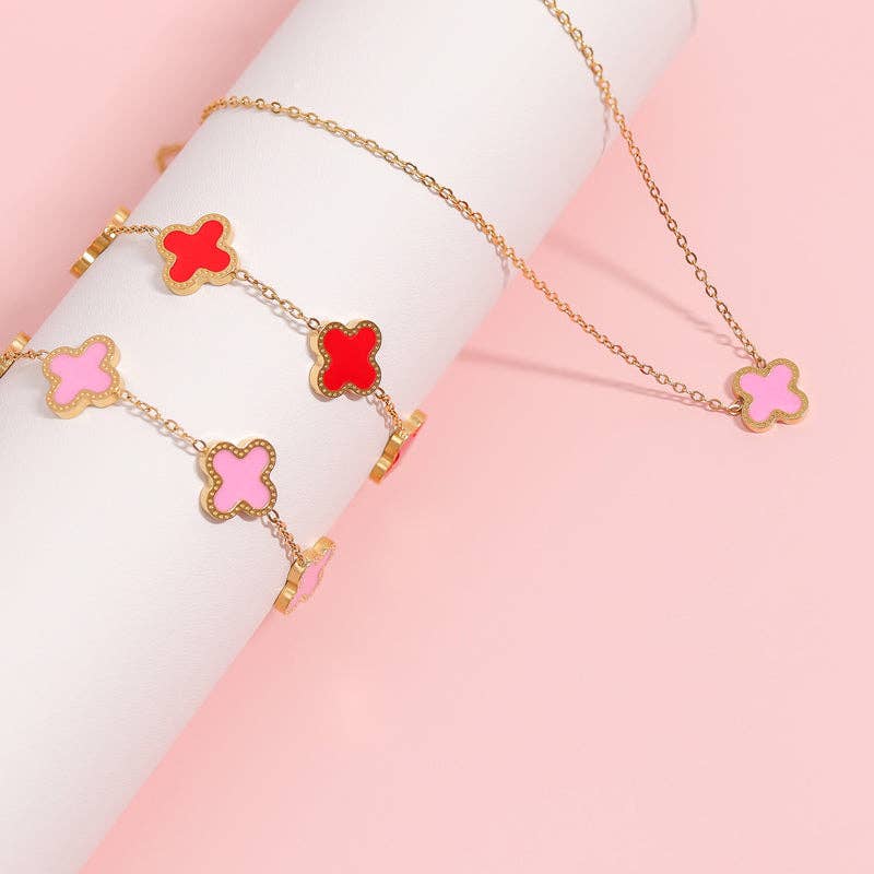 18K Gold PVD Stainless Steel Lucky Clover Charm Bracelet: Blue / Gold