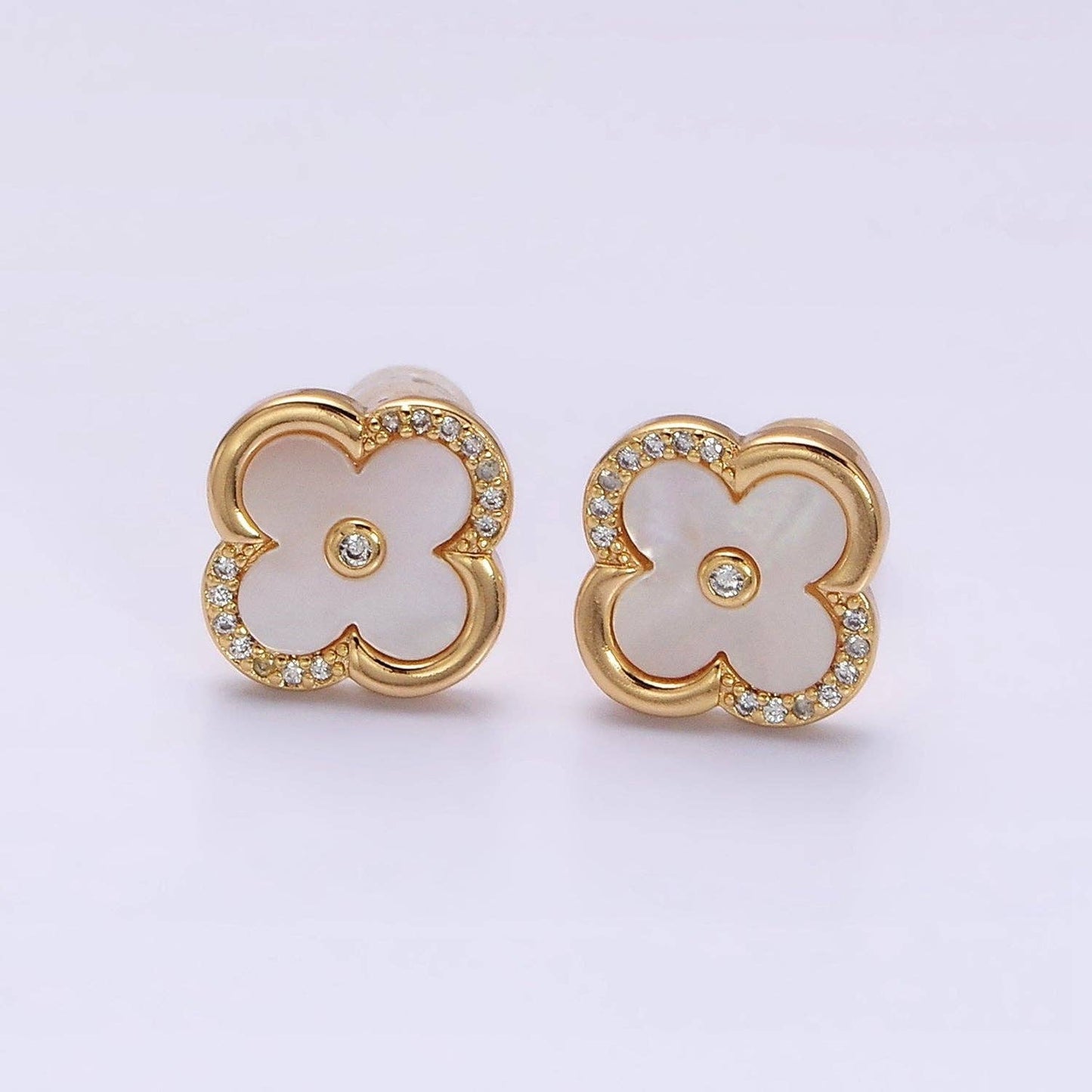 16K Gold Filled 12mm Shell Pearl Quatrefoil Clover Micro Paved CZ Stud Earrings in Gold & Silver | AB1535 AB1536: Gold