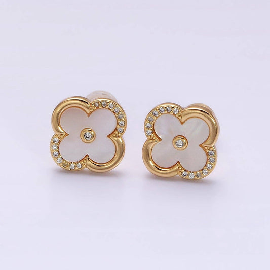 16K Gold Filled 12mm Shell Pearl Quatrefoil Clover Micro Paved CZ Stud Earrings in Gold & Silver | AB1535 AB1536: Gold