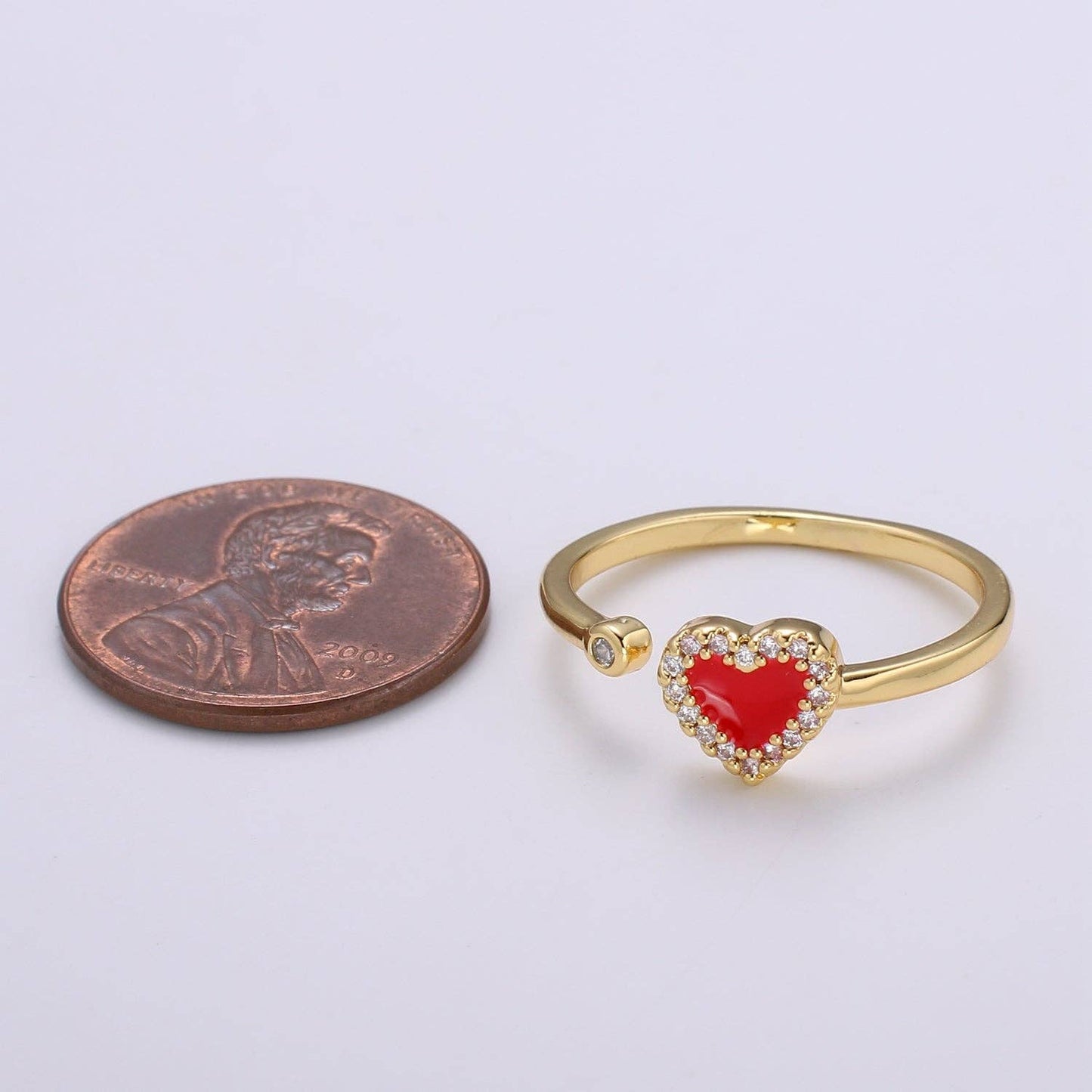 1pc 24K Gold Enamel Cubic Heart Ring, Pink Epoxy Love CZ Pendant Charm, Solitaire Cubic Zirconia Design Band For DIY Jewelry R317,318: Red