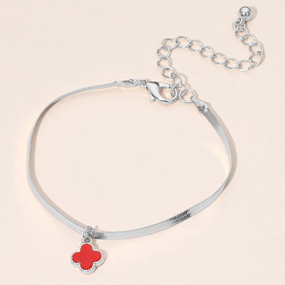 Gold Dipped Quatrefoil Charm Herringbone Chain Bracelet: Gold,Red