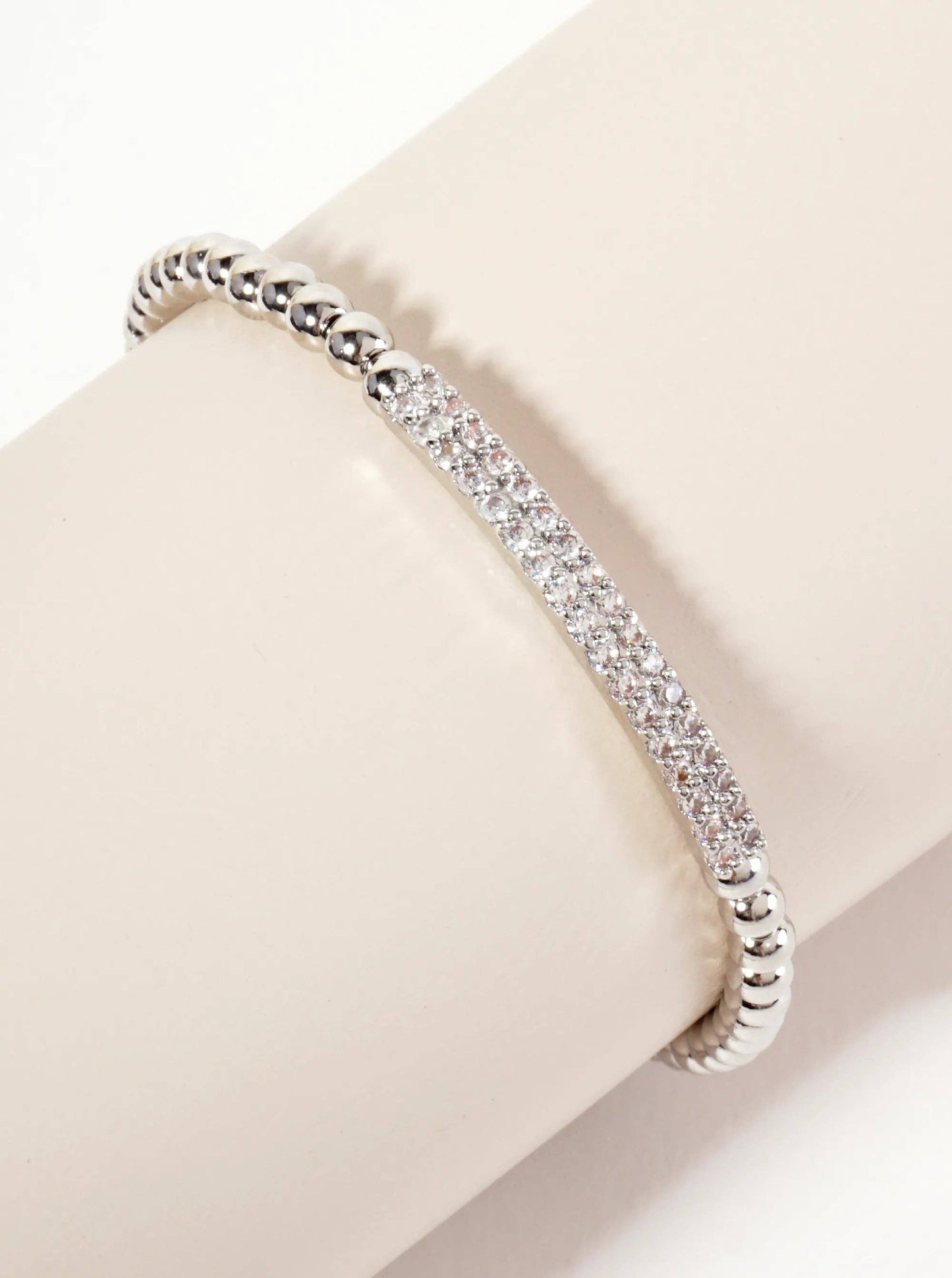 18K-Gold-Dipped Polished Brass 4mm Beaded Stretch Bracelet With CZ Pave-Set Curved Bar Accent: Gold