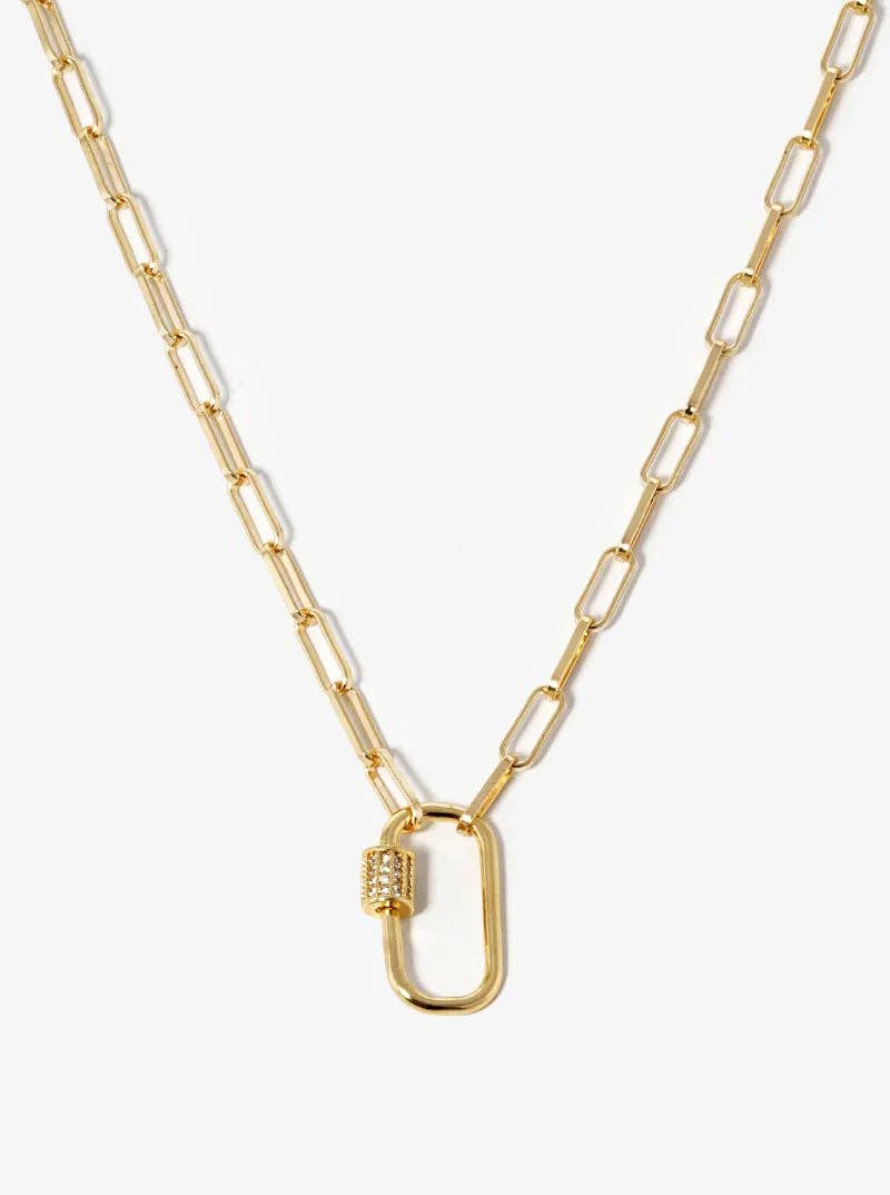 18K Gold Dipped Cz Pave Carabiner Pendant Chain Necklace: Gold