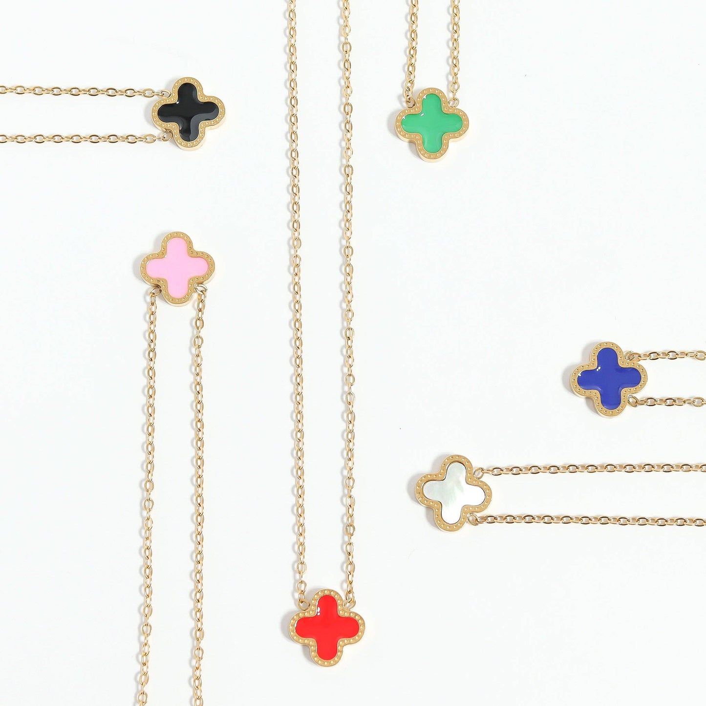 18K Gold PVD Stainless Steel Lucky Clover Charm Necklace: Pink / Gold