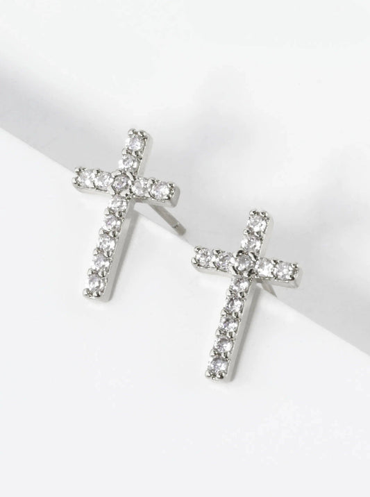 18K Gold Dipped Cubic Zirconia Pave Cross Stud Earrings: Rhodium