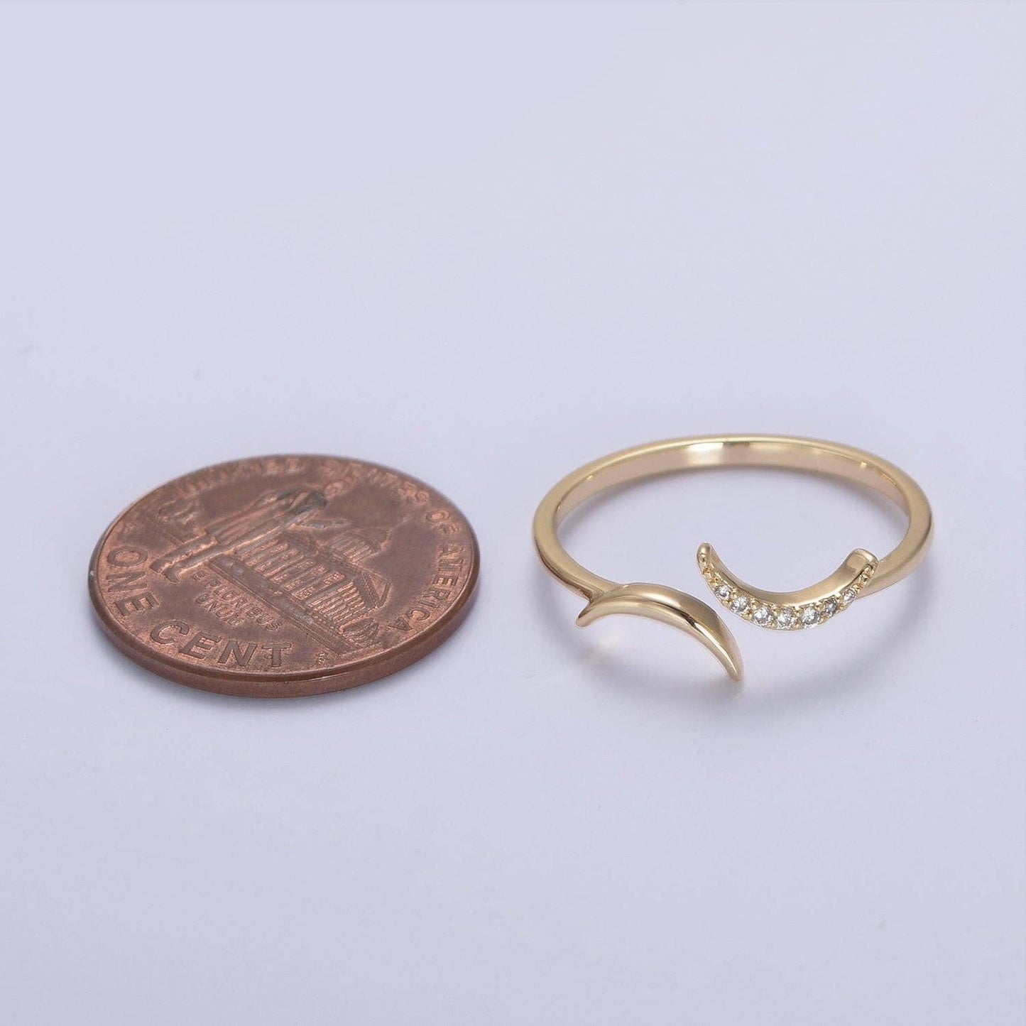 16K Gold Filled Double Crescent Moon Ring, Celestial Crystal Zirconia CZ Adjustable Open Ring | U425