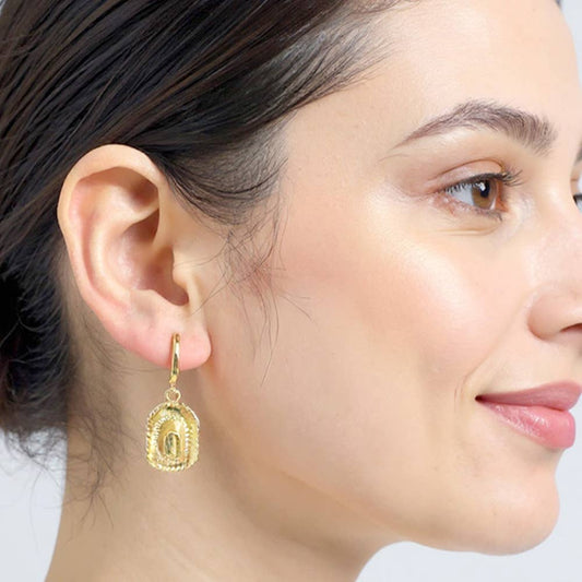 14K Gold Dipped Western Cowboy Hat Dangle Huggie Hoop Earrings: Gold