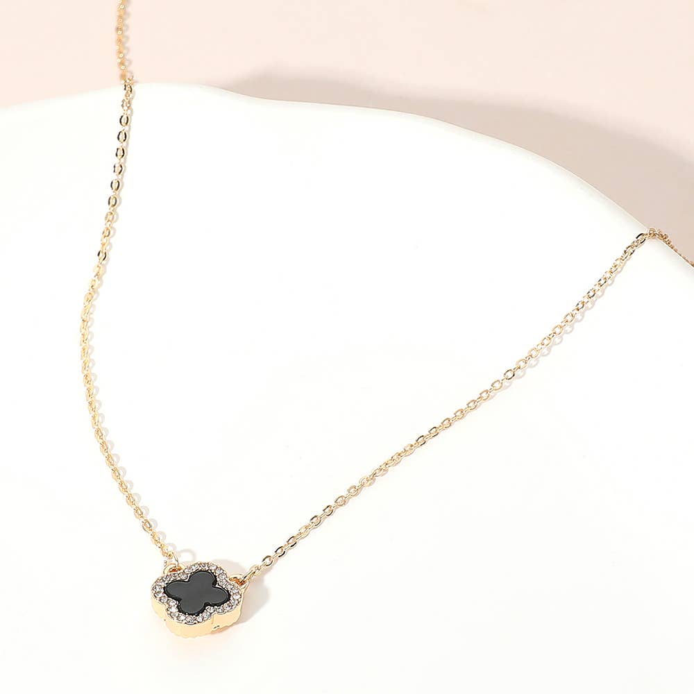 Gold Dipped Rhinestone Trim Quatrefoil Pendant Necklace: Rhodium,White