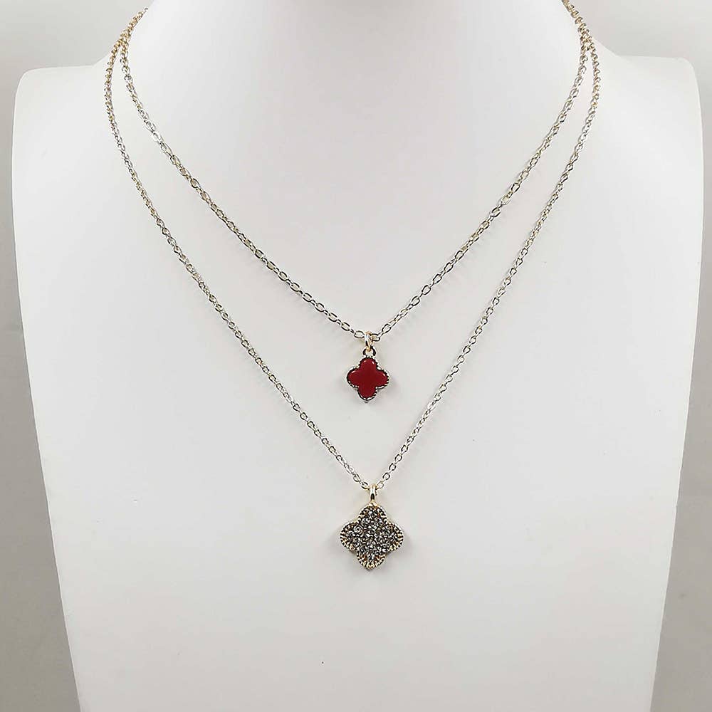 Gold Dipped Double Quatrefoil Pendant Layered Necklace: Gold,Red