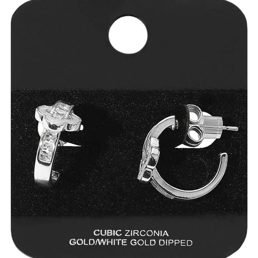Gold Dipped Quatrefoil Accent CZ Hoop Earrings: Rhodium