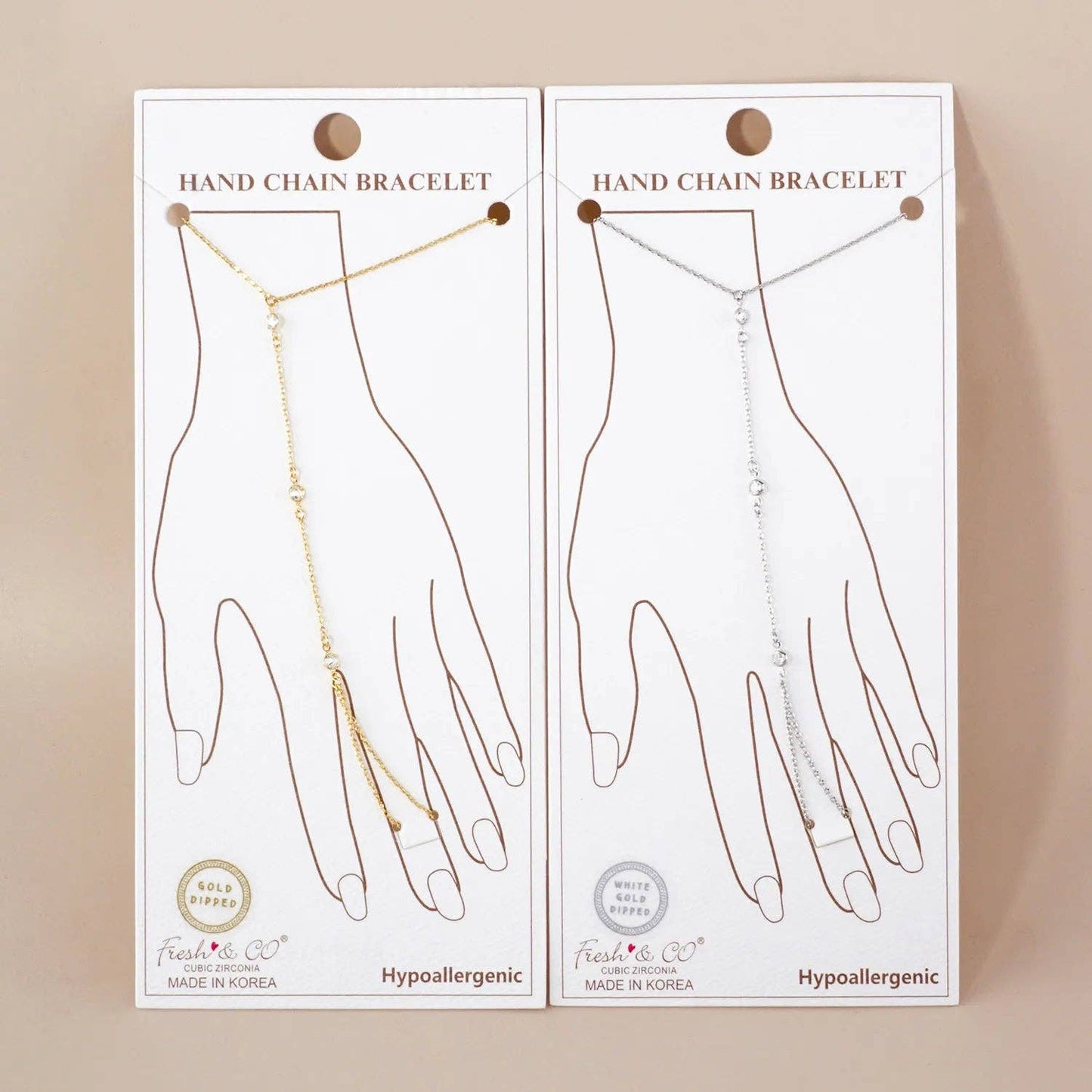 Three Round CZ Accent 18K-Gold-Dipped Delicate Brass Hand-Chain Bracelet: Rhodium