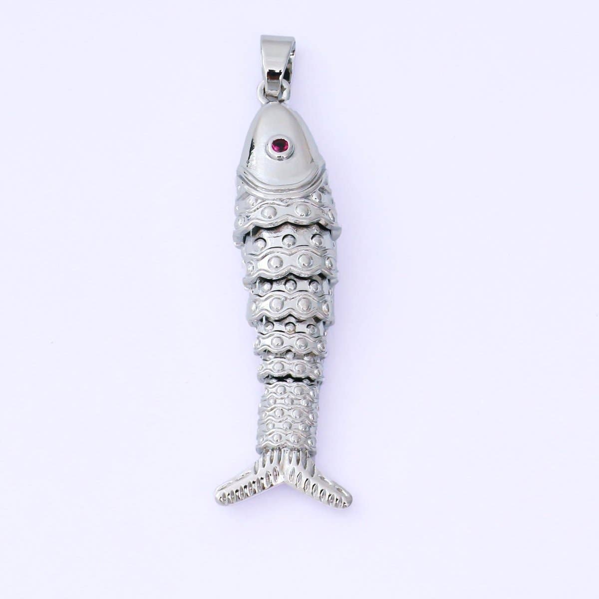 24K Gold Filled 43mm Fuchsia CZ Dotted Sardine Fish Multidimensional Charm in Gold & Silver | AA1620: SILVER