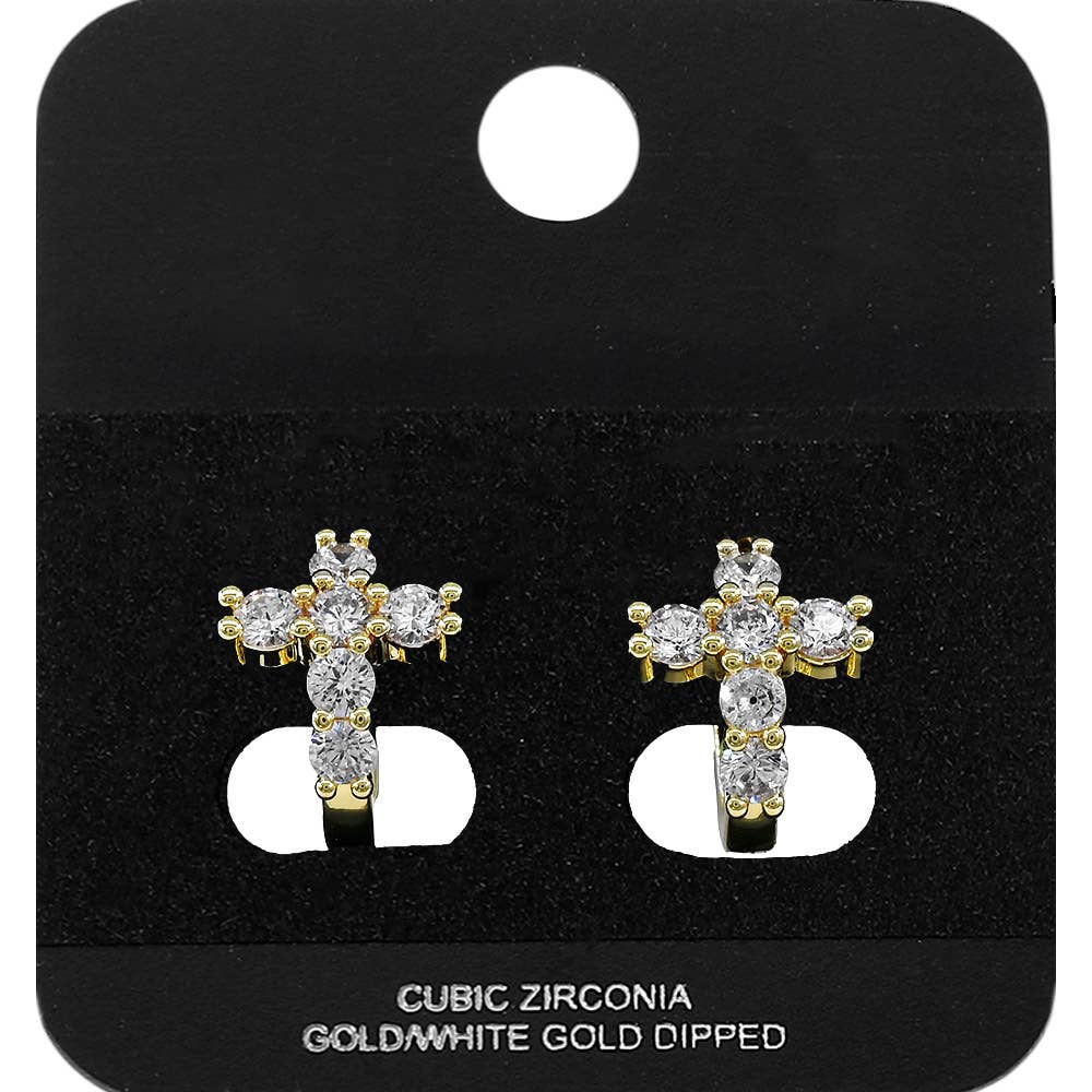 Gold Dipped CZ Cluster Cross Mini Open Hoop Earrings: Gold