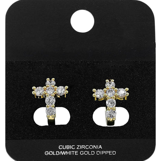 Gold Dipped CZ Cluster Cross Mini Open Hoop Earrings: Gold