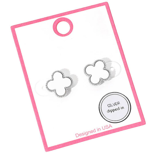 Gold Dipped Quatrefoil Stud Earrings: Rhodium,White
