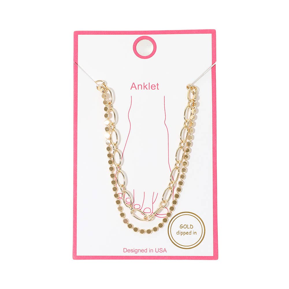 Gold Dipped Disc Paperclip Layered Chain Anklet: Gold