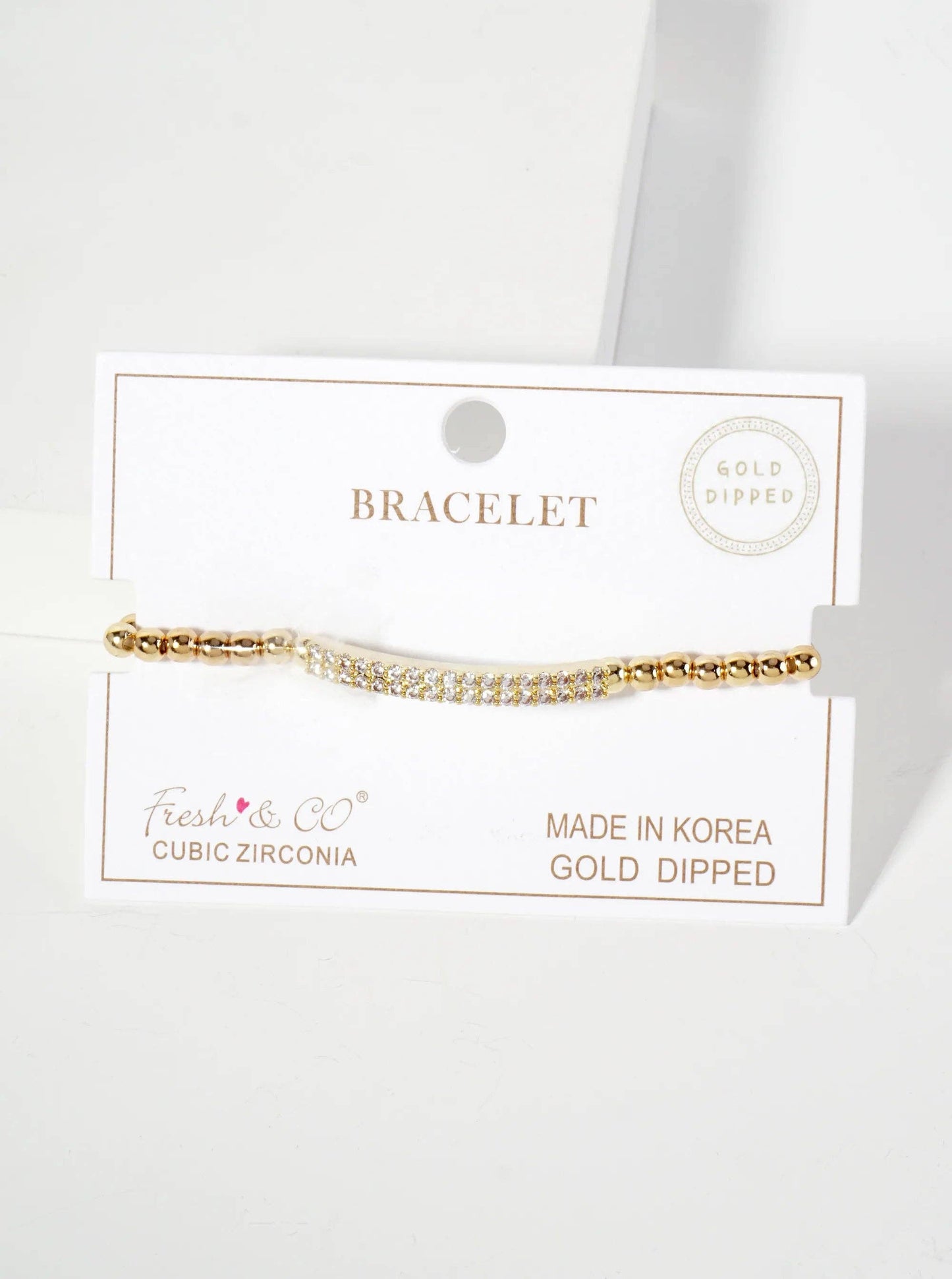 18K-Gold-Dipped Polished Brass 4mm Beaded Stretch Bracelet With CZ Pave-Set Curved Bar Accent: Gold