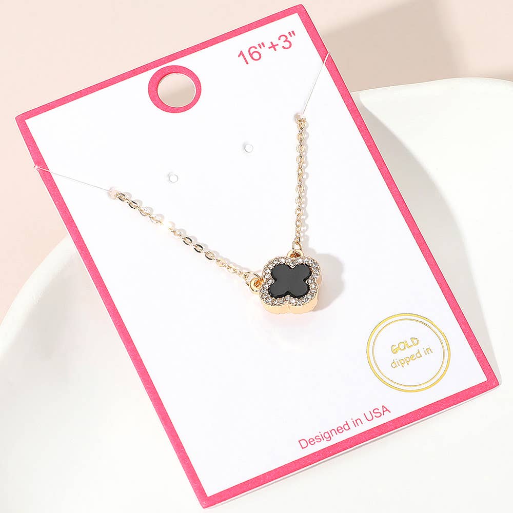 Gold Dipped Rhinestone Trim Quatrefoil Pendant Necklace: Rhodium,White