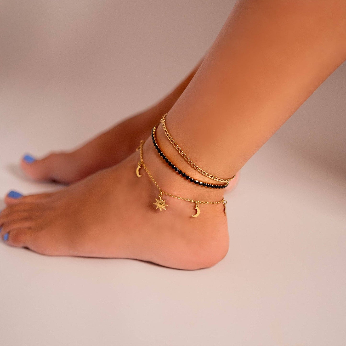 18K Gold PVD Stainless Steel Moon & Star Charm Anklet: Stainless
