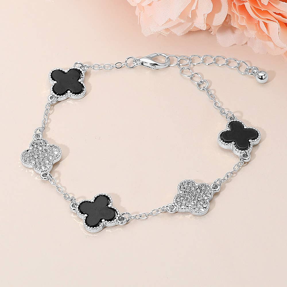 Gold Dipped Quatrefoil Charm Link Station Bracelet: Black,Gold