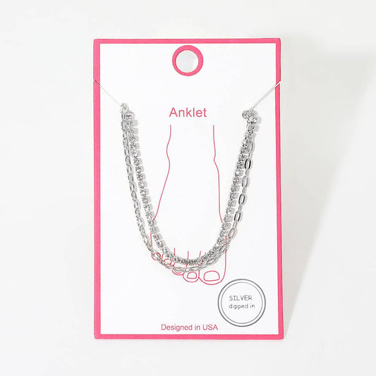 Gold Dipped Tennis Link Layered Chain Anklet: Rhodium