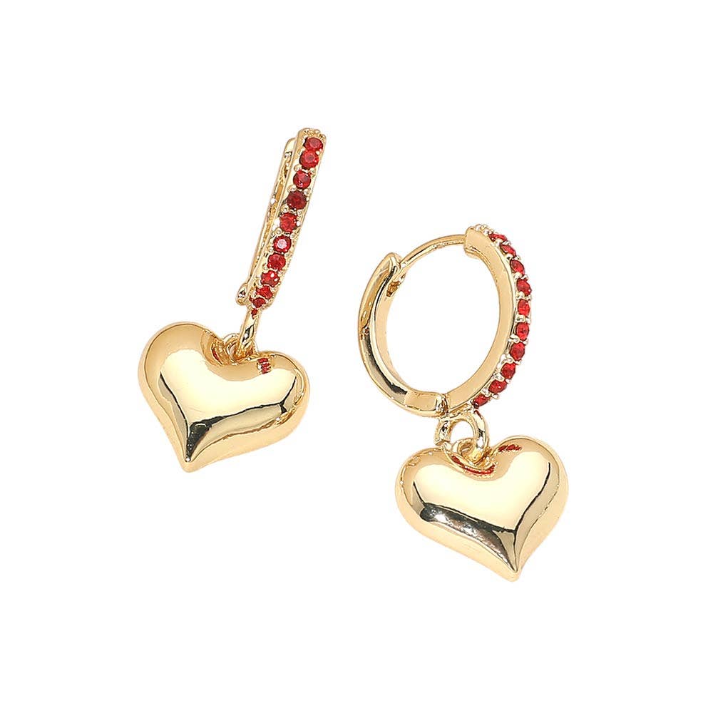 Gold Dipped Heart Charm Drop Dangle Stone Pave Huggie Hoop Earrings: Gold,Siam