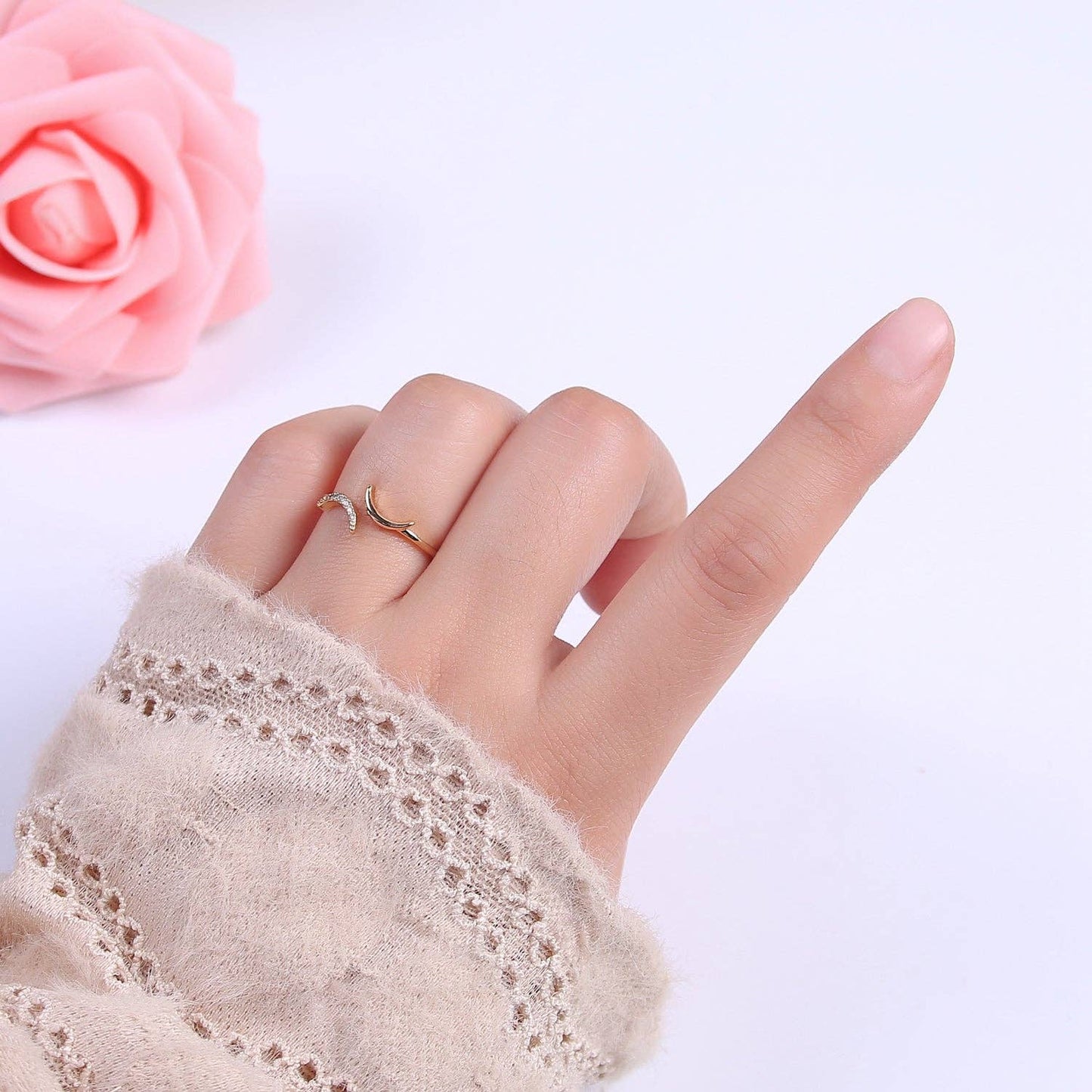 16K Gold Filled Double Crescent Moon Ring, Celestial Crystal Zirconia CZ Adjustable Open Ring | U425