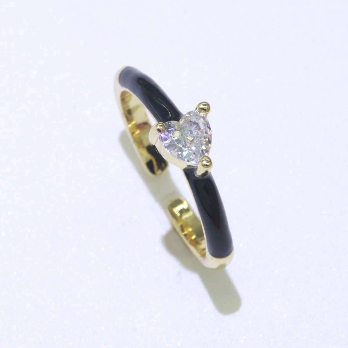 Heart Cz Ring Adjustable Gold Ring, Colorful Pastel Enamel Ring, Stackable Ring Black White Pink blue Green Ring for Women O-910~O-919: Blue