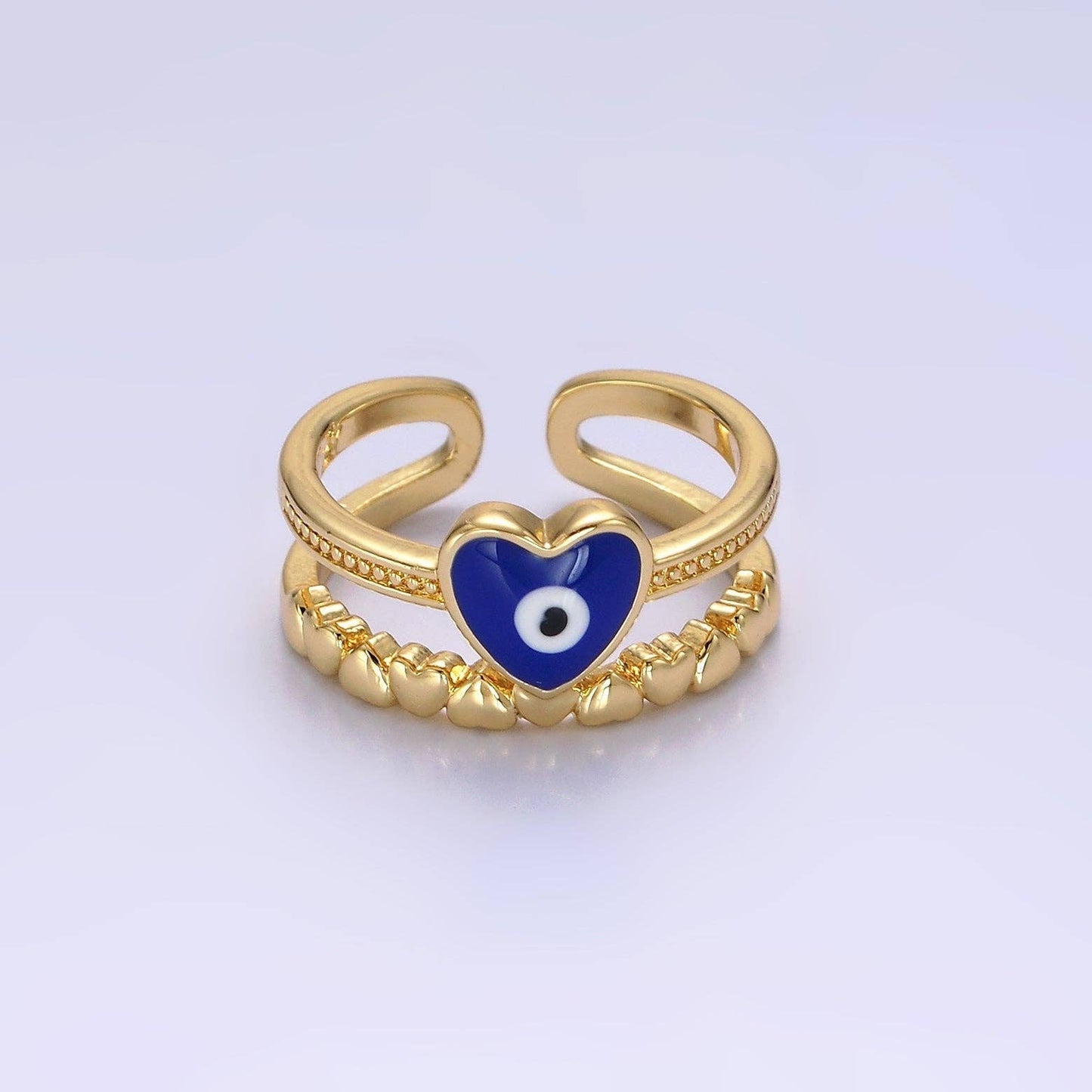 GoldFilled White/Blue Evil Eye Heart Beaded Double Band Ring: White
