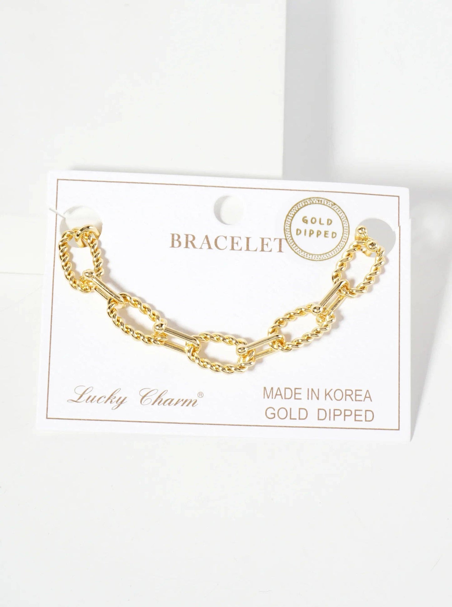 18K-Gold-Dipped Rope-Texture Polished Brass 16-11mm Chain Bracelet: Gold