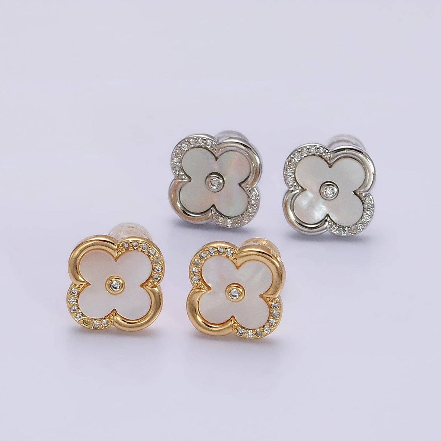 16K Gold Filled 12mm Shell Pearl Quatrefoil Clover Micro Paved CZ Stud Earrings in Gold & Silver | AB1535 AB1536: Gold