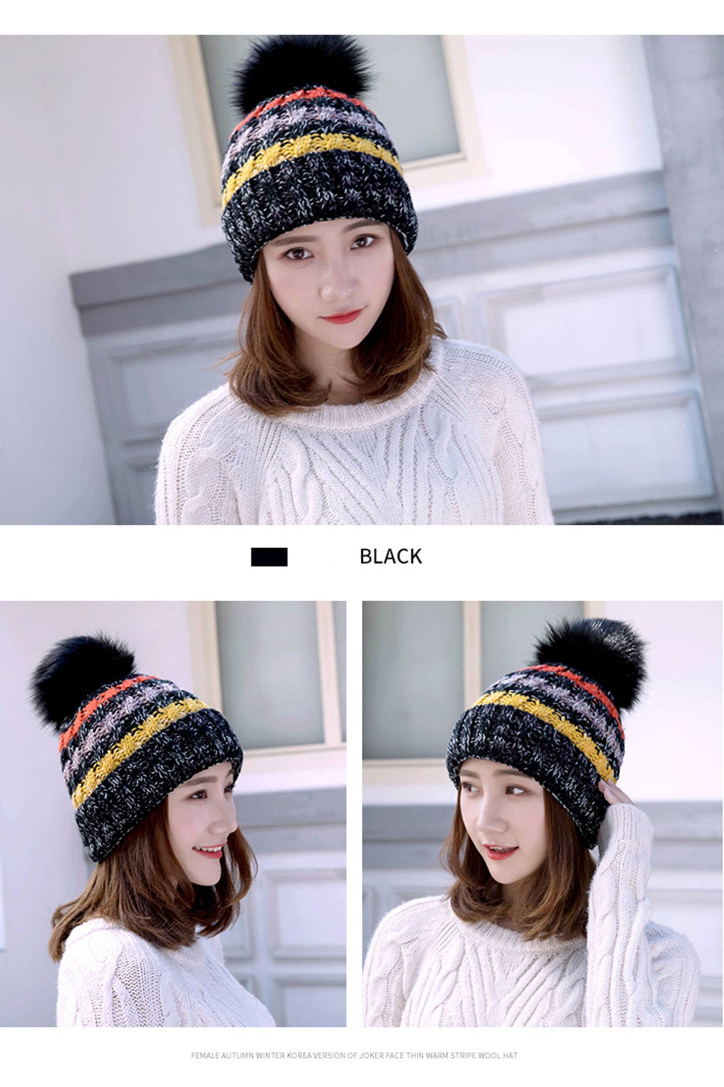 PomPom Warm Knitted Hat : Black