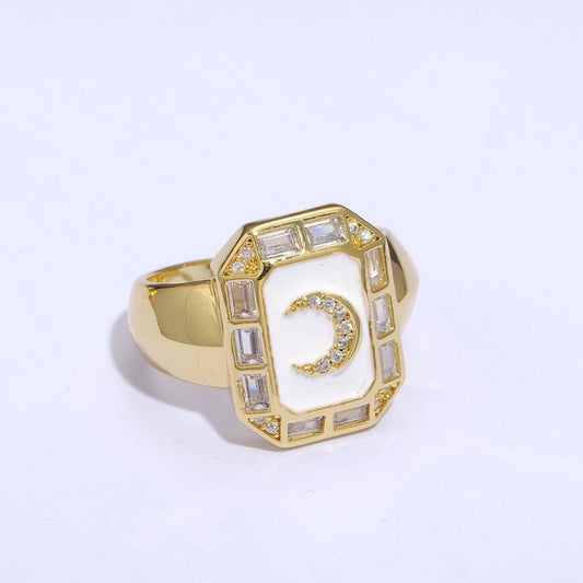 Crescent Moon Spinel Signet Ring Gold Chunky Ring Celestial Enamel Colorful Cz Jewelry U-001~U-005: White
