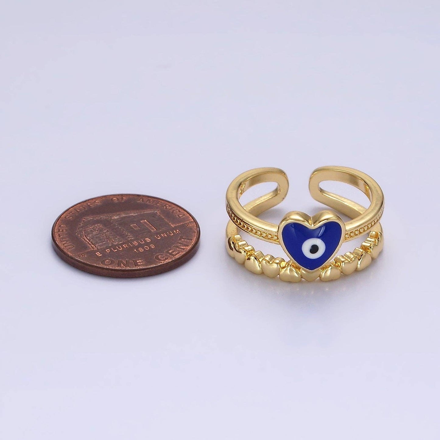 GoldFilled White/Blue Evil Eye Heart Beaded Double Band Ring: White