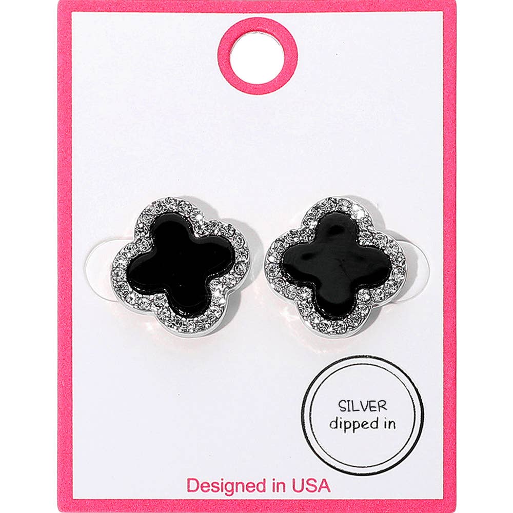 Gold Dipped Rhinestone Rim Quatrefoil Stud Earrings: Pink Rhodium