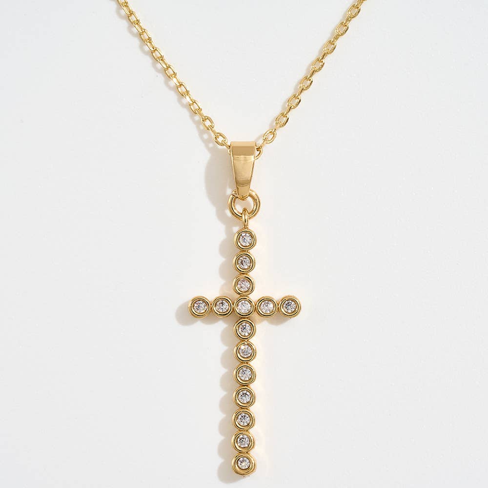14K Gold Dipped CZ Stone Bezel Cross Pendant Necklace: Gold