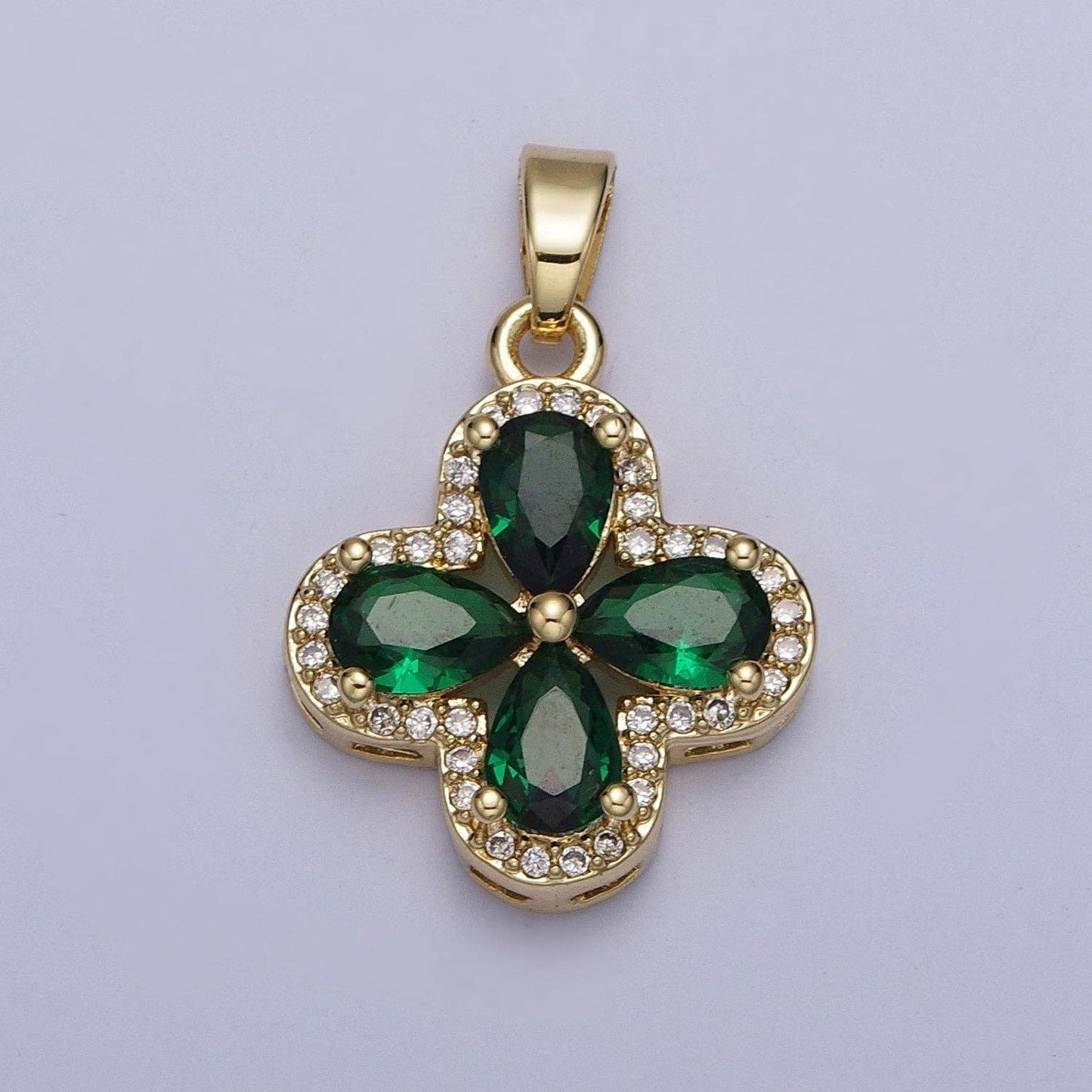 Micro Paved Quatrefoil Lucky Clover Pendant with Teardrop Cubic Zirconia Pendant For DIY Necklace Making | X-516-X-519: Clear