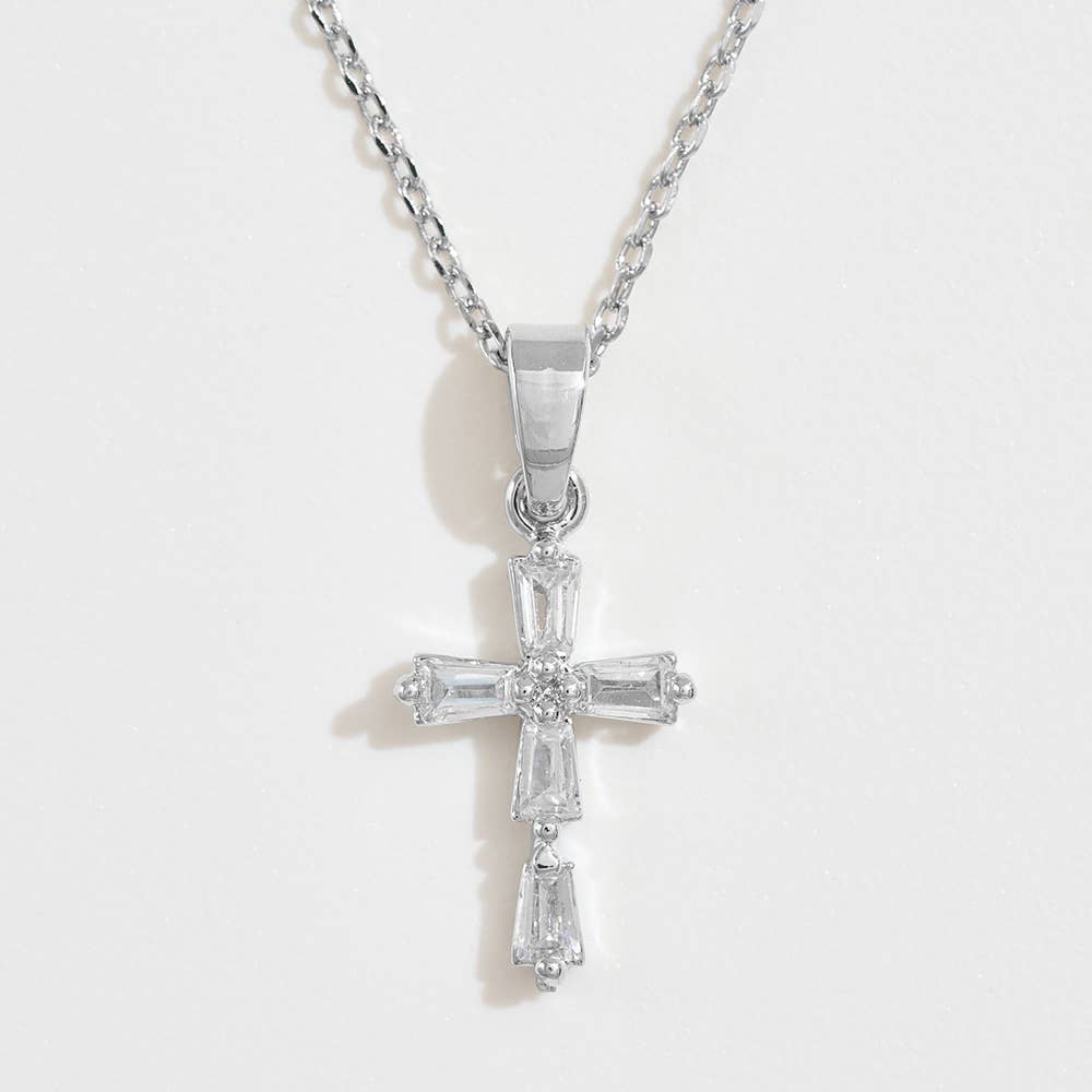 14K Gold Dipped Baguette Cut CZ Stone Cross Pendant Necklace: Silver
